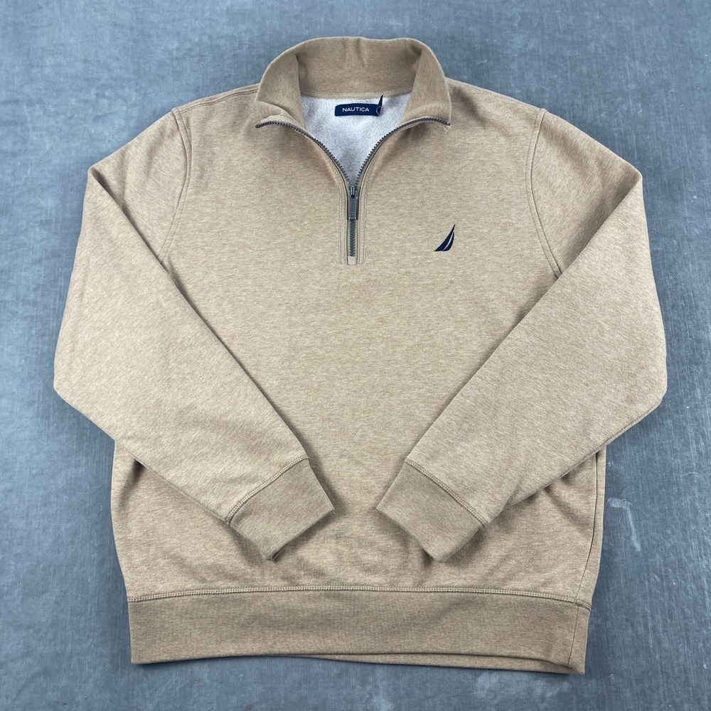 Nautica Men Large Tan Quarter Zip Sweatshirt Heathered Fleece Pullover Logo